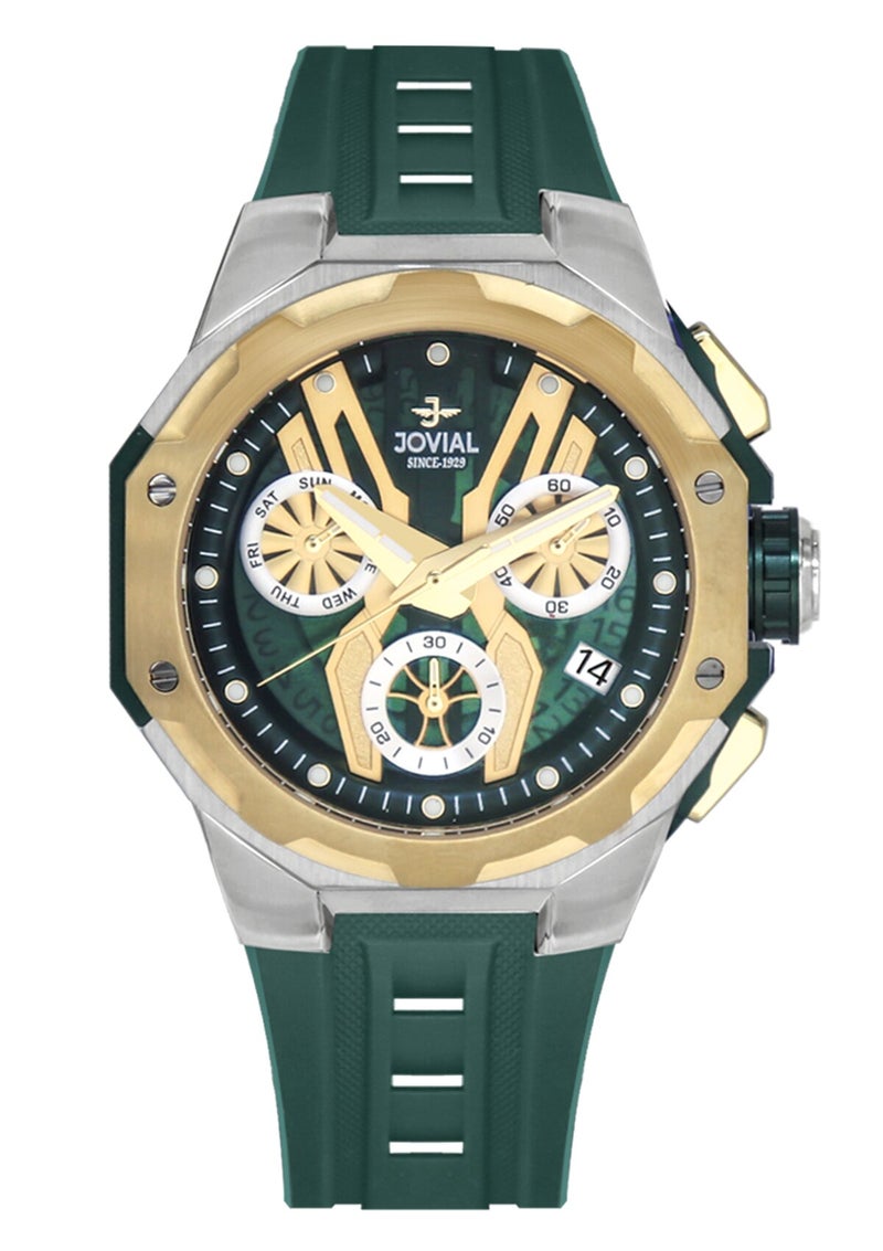 JOVIAL 1534 GTRC 96 E Men's Multifunction Watch, Day and Date, Green Dial, Quartz, Skin friendly rubber, 43mm - Image 1